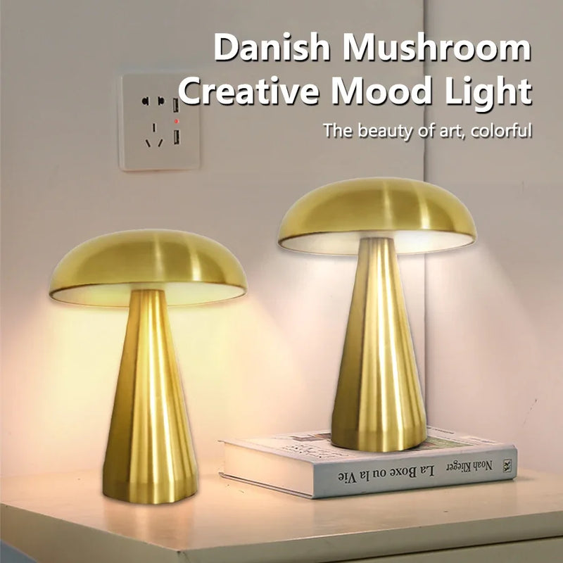 Retro Bar Table Lamp Mushroom Table Lamp LED Touch Sensor Three Color Dimming Desktop Night Light Rechargeable Reading Lamp