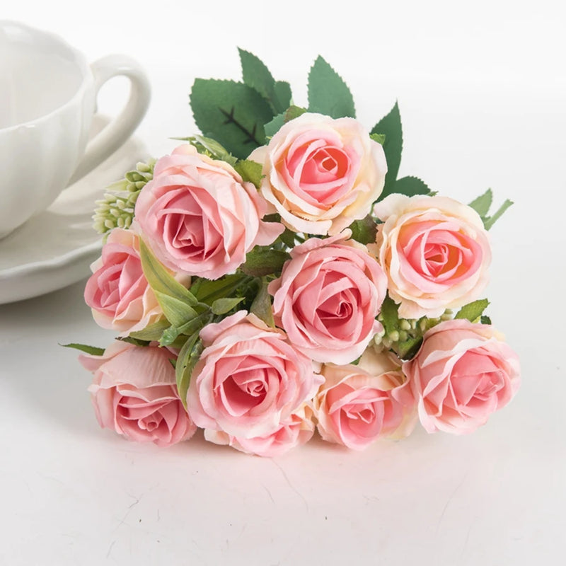 Artificial Flower Ten Head Silk White Rose Bundle Scrapbook Valentine Wedding Outdoor Garden Party Family Room Vase Decoration
