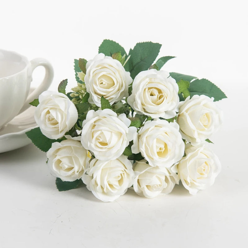 Artificial Flower Ten Head Silk White Rose Bundle Scrapbook Valentine Wedding Outdoor Garden Party Family Room Vase Decoration