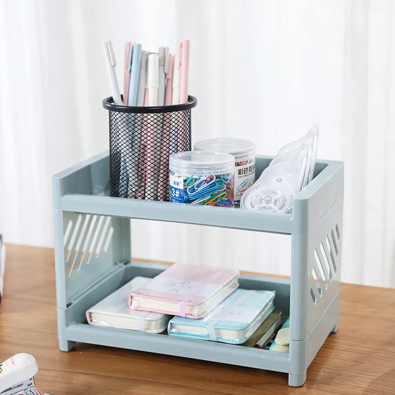 PP Desktop Double Layer Storage Rack Rectangular White Organizing Student Desk Office Cosmetics Stationery Shelf